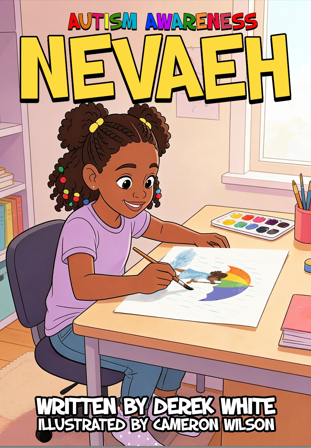Nevaeh book cover showing Nevaeh painting at her desk