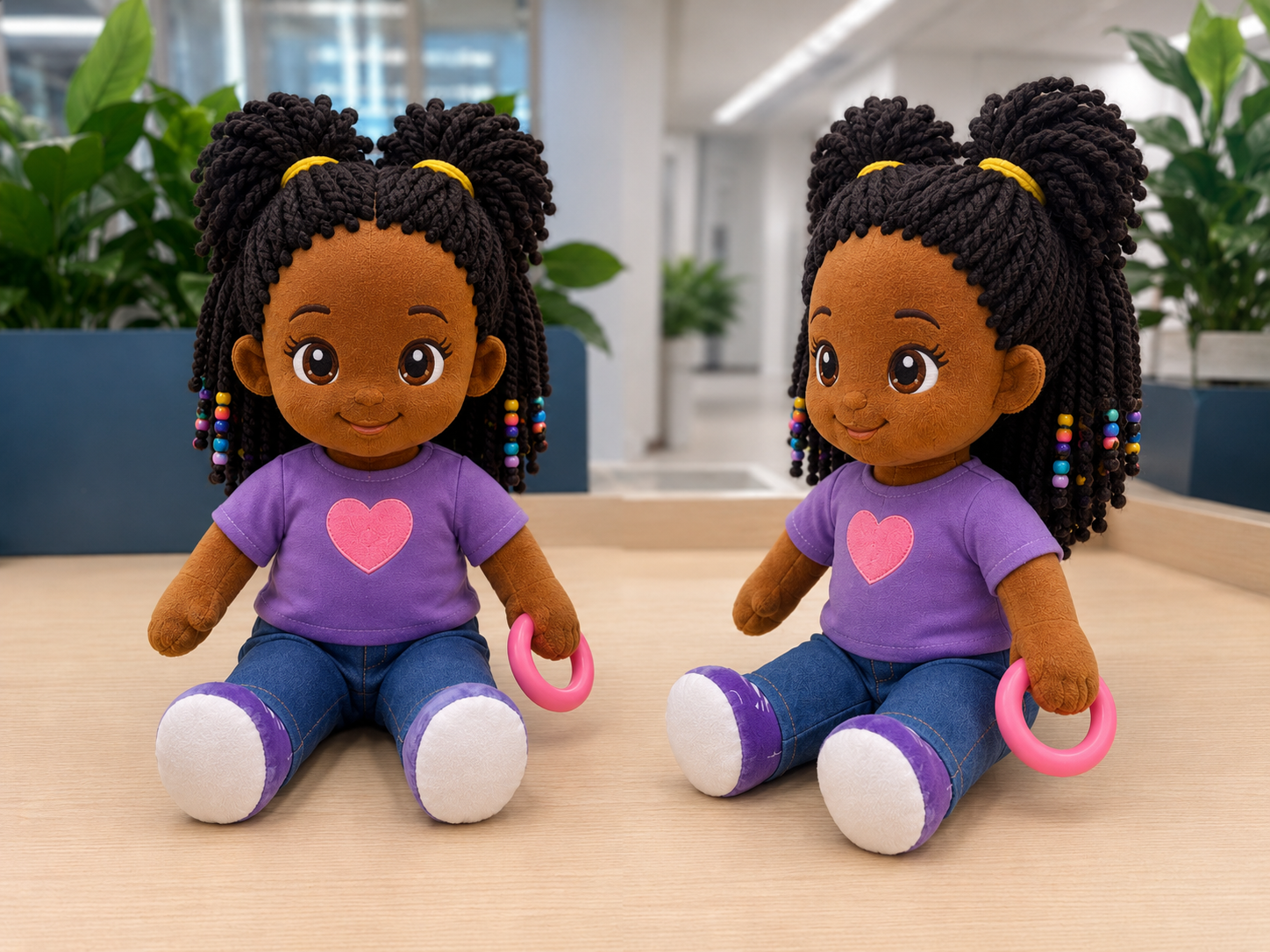 Nevaeh Comfort Companion plush toy mockup showing the doll with braided hair, colorful beads, purple shirt, and fidget loop