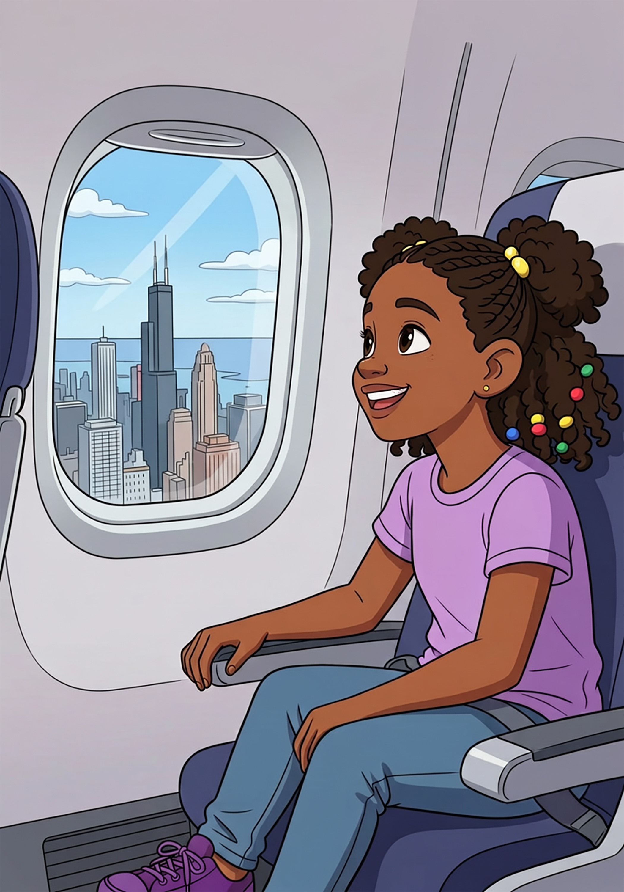 Nevaeh gazing at the Chicago skyline through the airplane window, her gift revealed